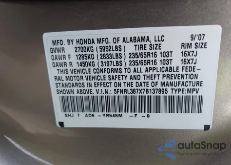 2007 Honda Odyssey Ex-L z USA, uszkodzony, nr VIN 5FNRL387X7B137895